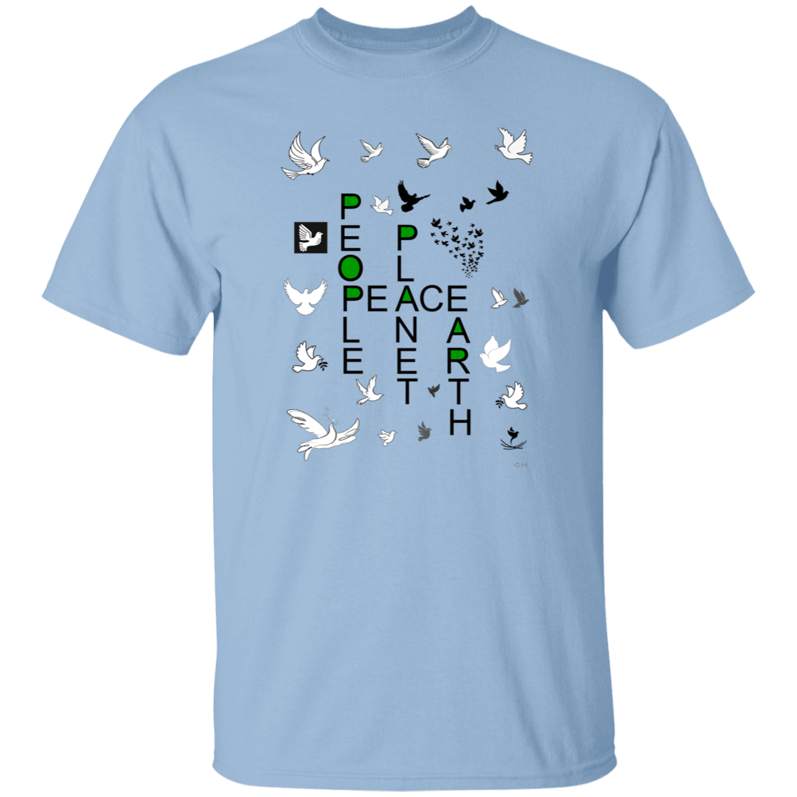 The horizontal uppercase word PEACE is centered on the shirt. The Vertical uppercase words PEOPLE, PLANET, EARTH form a crossword with the horozontal uppercase word PEACE. They form the crossword with the letters P, A, and E of PEACE. The second P of PEOPLE share the P of PEACE. Twenty-one doves are scattered around this crossword. There is A flock of doves streaming out from a single point into a wide cone shaped flying pattern. All told, a striking and emotive image.