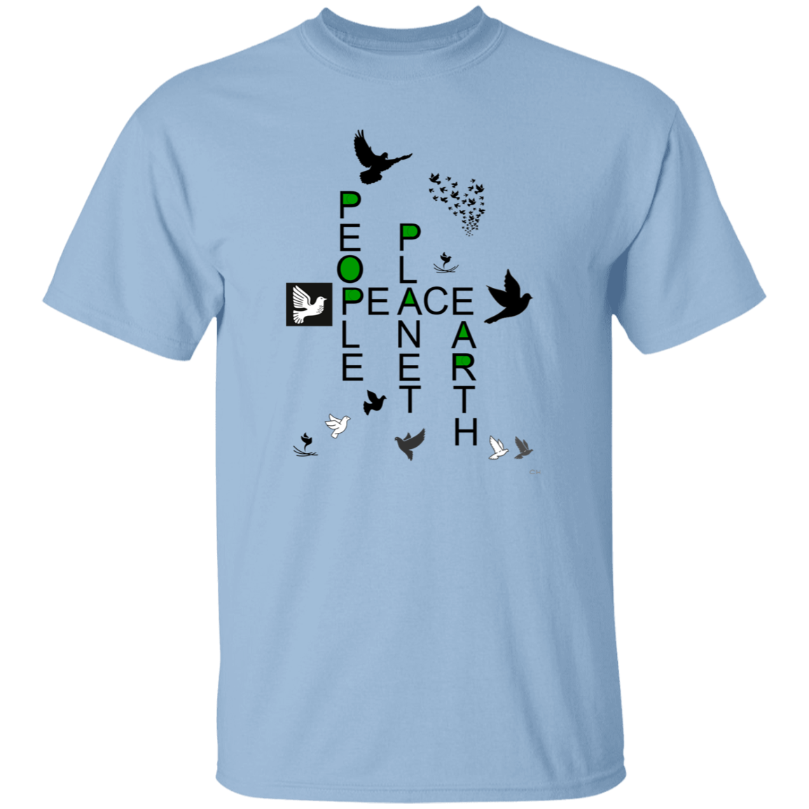 The horizontal uppercase word PEACE is centered on the shirt. The Vertical uppercase words PEOPLE, PLANET, EARTH form a crossword with the horozontal uppercase word PEACE. They form the crossword with the letters P, A, and E of PEACE. The second P of PEOPLE share the P of PEACE. Ten doves are scattered around this crossword. There is A flock of doves streaming out from a single point into a wide cone shaped flying pattern. All told, a striking and emotive image.