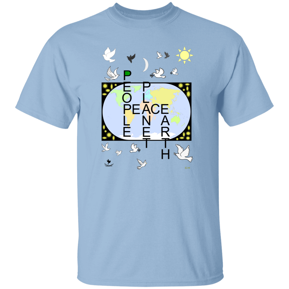 This design is centered around a Winkel Tripel Projection world map. Countries distinguished by different colors. Light blue oceans. Uppercase word PEACE centered on the map. The Vertical uppercase words PEOPLE, PLANET, EARTH form a crossword with the horozontal word PEACE. They form the crossword with the P, A, and E of PEACE. The second P of PEOPLE share the P of PEACE. There are thirteen doves, twenty one of our yellow Suns surrounding the map, our Sun and crecent moon complete this design.