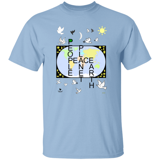 This design is centered around a Winkel Tripel Projection world map. Countries distinguished by different colors. Light blue oceans. Uppercase word PEACE centered on the map. The Vertical uppercase words PEOPLE, PLANET, EARTH form a crossword with the horozontal word PEACE. They form the crossword with the P, A, and E of PEACE. The second P of PEOPLE share the P of PEACE. There are thirteen doves, twenty one of our yellow Suns surrounding the map, our Sun and crecent moon complete this design.