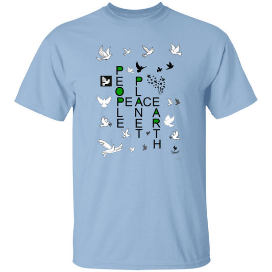 The horizontal uppercase word PEACE is centered on the shirt. The Vertical uppercase words PEOPLE, PLANET, EARTH form a crossword with the horozontal uppercase word PEACE. They form the crossword with the letters P, A, and E of PEACE. The second P of PEOPLE share the P of PEACE. Twenty-one doves are scattered around this crossword. There is A flock of doves streaming out from a single point into a wide cone shaped flying pattern. All told, a striking and emotive image.    