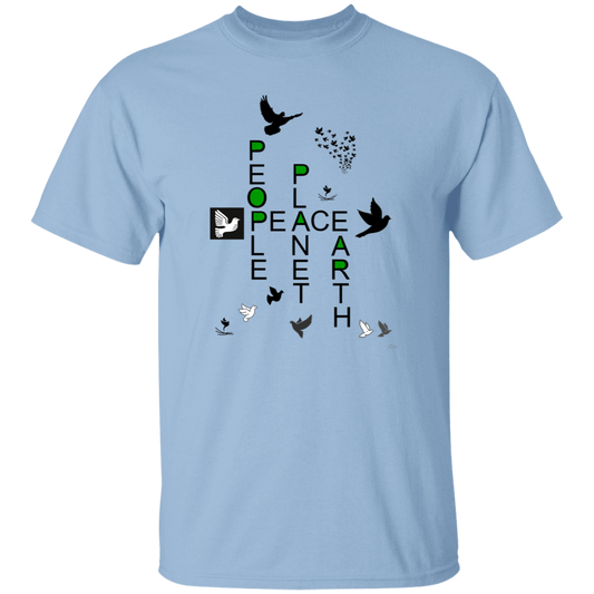 The horizontal uppercase word PEACE is centered on the shirt. The Vertical uppercase words PEOPLE, PLANET, EARTH form a crossword with the horozontal uppercase word PEACE. They form the crossword with the letters P, A, and E of PEACE. The second P of PEOPLE share the P of PEACE. Ten doves are scattered around this crossword. There is A flock of doves streaming out from a single point into a wide cone shaped flying pattern. All told, a striking and emotive image.    